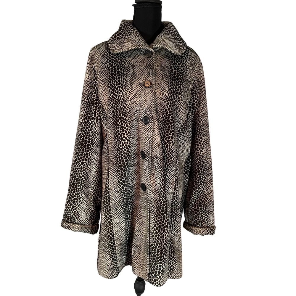 Dennis Basso Faux Fur Snake Skin Print Button Up Long Sleeve Jacket Women Size M